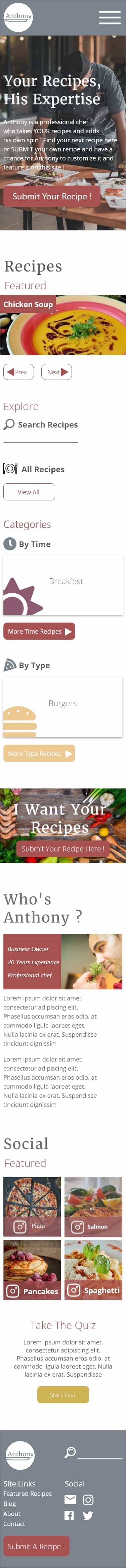 Mobile homepage design of a chef website, most content sections are displayed vertically. Title says 'your recipes, his expertise'. Designs contains yellow, red, gray and white color. Text is included and styled. Images of a chef, pizza and food are included in designs
